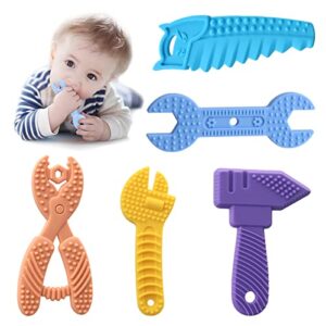 5pcs baby teething toys, silicone sensory teether toys for babies, infant toys 0-6 baby shower gifts for 3 9 12 18 month 1 one year old girls boys, newborn kids toddler chew toy, travel toys, bpa free