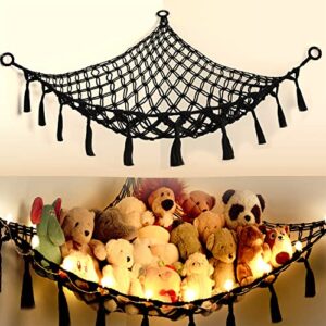 stuffed animal net or hammock with light,yewiwin macrame hanging net hammock for stuffed animal toy storage organizer boho decor room holder for nursery play room bedroom (black)