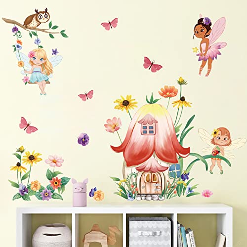 decalmile Fairy Mushroom Wall Stickers Butterfly Fairy Flowers Wall Decals Girls Bedroom Kids Room Baby Nursery Wall Decor