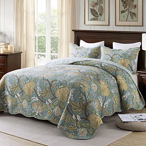 Travan 3-Piece Quilt Set Quilted Bedspread Cotton Coverlet Set Floral Printed Oversized Quilted Bedding Set with Shams for All Season, Green Vine, King Size