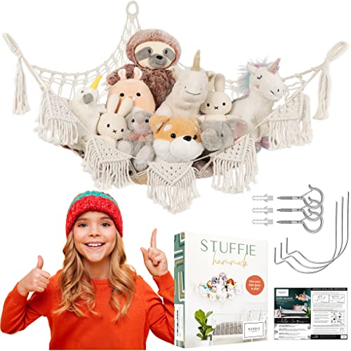 Huddle Macrame Stuffed Animal Hammock for Stuffed Animals - The Original Designer Washable No-Drill Install Toy Net for Stuffed Animals Storage - Boho Stuffed Animal Net Plush Pet Net Corner Display