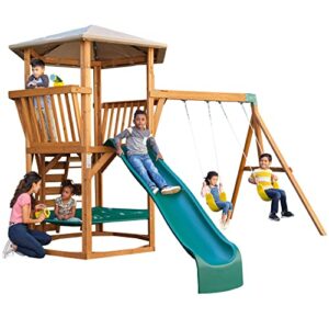 kidkraft jungle journey wooden outdoor swing set/playset with swings, slide, rock wall and observation deck
