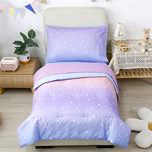 URBONUR 4 Piece Toddler Bedding Set for Girls Glitter Purple Orange Toddler Bedding Set Gradient Stars Print Girls Bedding Toddler Comforter Set