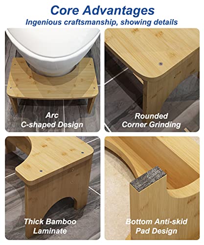 Bamboo Toilet Stool for Adults, JACNITAD 6.5 Inch Toilet Poop Stool, Bathroom Toilet Poop Stool with Non-Slip Mat for Adults, Children, Original Simple Design Healthy Portable Adult Toilet Poop Stool.