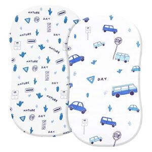 phf soft bassinet sheet set, 2 pack silky comfy breathable polyester cradle sheets for baby boys girls, univeral fit for most cradle and bassinet mattress, cars