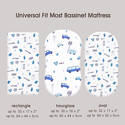 PHF Soft Bassinet Sheet Set, 2 Pack Silky Comfy Breathable Polyester Cradle Sheets for Baby Boys Girls, Univeral Fit for Most Cradle and Bassinet Mattress, Cars