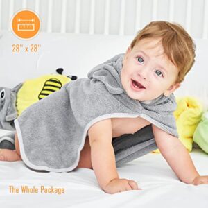 Sunny zzzZZ Baby Hooded Bath Towel and Washcloth Sets, Baby Essentials for Newborn Boy Girl, Baby Shower Towel Gifts for Infant and Toddler - 2 Towel and 8 Washcloths - Yellow Bee and Grey Elephant