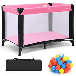 infans pack and play, portable playard with 50pcs ball pit balls carry bag, breathable mattress, washable sheet cover, easy folding baby crib playpen activity center (pink)