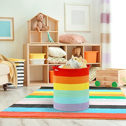 Autonomier 14" x 20" Rainbow Extra Large Tall Cotton Rope Woven Storage Baskets,Throw Blanket Storage Basket for Living Room,Home Decorative Storage Baskets,Cute Boho Nursery Hamper Laundry Basket