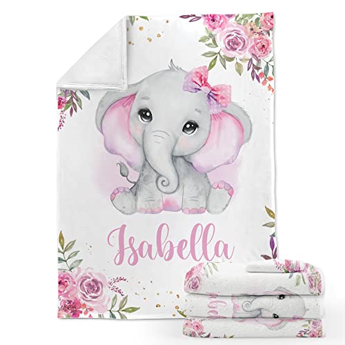 Voz Personalized Baby Blankets with Name, Customized Baby Blankets for Girls- Elephant Baby Blanket, Best Gift for Baby, New Mom, Newborn, 30 x 40 inch, Super Soft Plush Fleece