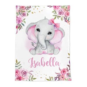 Voz Personalized Baby Blankets with Name, Customized Baby Blankets for Girls- Elephant Baby Blanket, Best Gift for Baby, New Mom, Newborn, 30 x 40 inch, Super Soft Plush Fleece