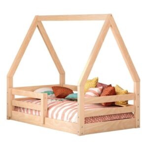 pemberly row modern solid wood toddler floor bed frame with house roof canopy rails in natural