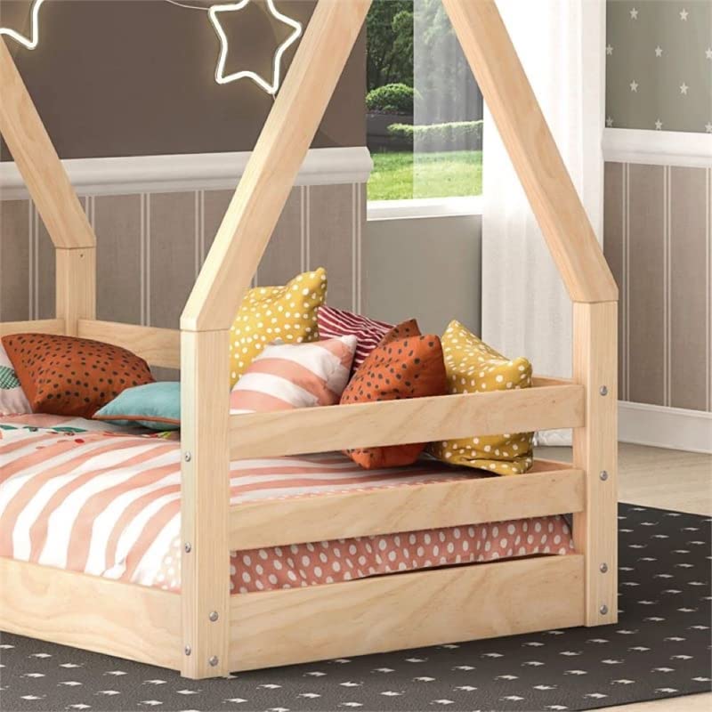 Pemberly Row Modern Solid Wood Toddler Floor Bed Frame with House Roof Canopy Rails in Natural