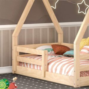 Pemberly Row Modern Solid Wood Toddler Floor Bed Frame with House Roof Canopy Rails in Natural