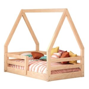 Pemberly Row Modern Solid Wood Toddler Floor Bed Frame with House Roof Canopy Rails in Natural