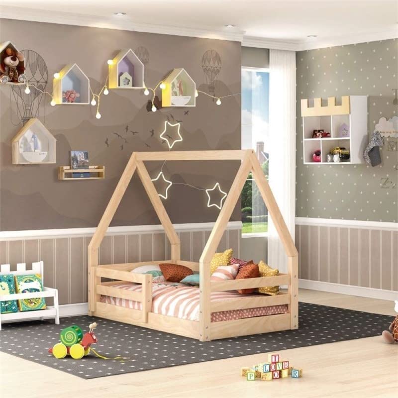 Pemberly Row Modern Solid Wood Toddler Floor Bed Frame with House Roof Canopy Rails in Natural