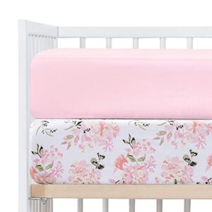 crib sheets girl 2 pack set, 2 pack toddler bed sheets set, floral print fitted crib sheet for standard crib & toddler mattress, size 28 x 52 inches, pink n floral