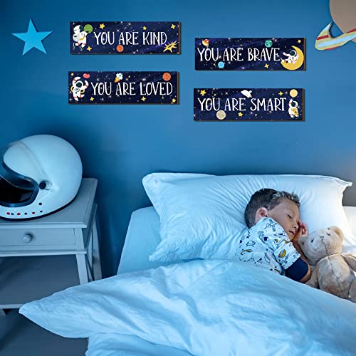 4 Pieces Space Decor Boys Room Space Posters Boy Bedroom Wall Decor Spaceman Wood Sign Inspirational Space Wall Art Boys Bedroom Decor Space Motivational Quote for Baby Kids Classroom Nursery