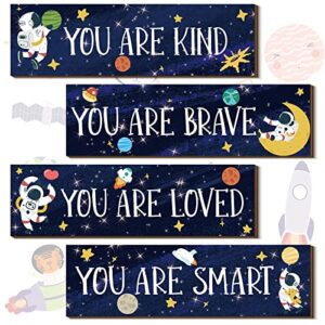 4 pieces space decor boys room space posters boy bedroom wall decor spaceman wood sign inspirational space wall art boys bedroom decor space motivational quote for baby kids classroom nursery