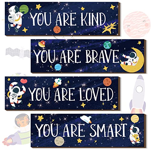 4 Pieces Space Decor Boys Room Space Posters Boy Bedroom Wall Decor Spaceman Wood Sign Inspirational Space Wall Art Boys Bedroom Decor Space Motivational Quote for Baby Kids Classroom Nursery