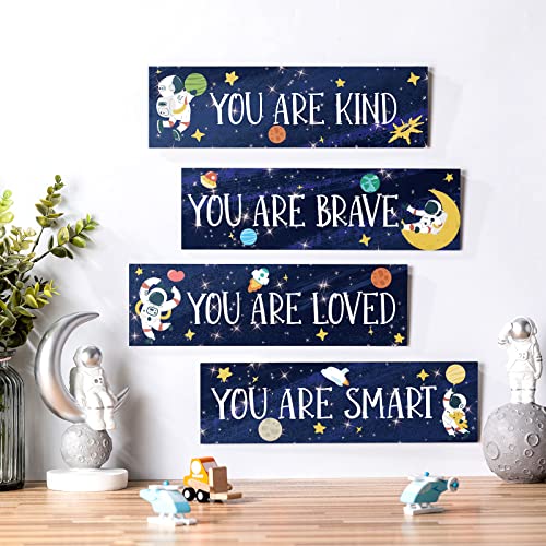 4 Pieces Space Decor Boys Room Space Posters Boy Bedroom Wall Decor Spaceman Wood Sign Inspirational Space Wall Art Boys Bedroom Decor Space Motivational Quote for Baby Kids Classroom Nursery