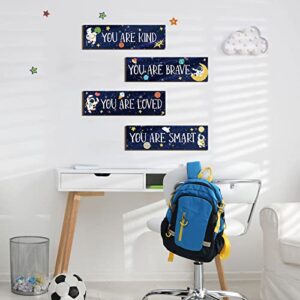 4 Pieces Space Decor Boys Room Space Posters Boy Bedroom Wall Decor Spaceman Wood Sign Inspirational Space Wall Art Boys Bedroom Decor Space Motivational Quote for Baby Kids Classroom Nursery