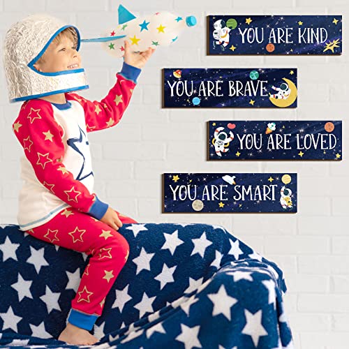 4 Pieces Space Decor Boys Room Space Posters Boy Bedroom Wall Decor Spaceman Wood Sign Inspirational Space Wall Art Boys Bedroom Decor Space Motivational Quote for Baby Kids Classroom Nursery