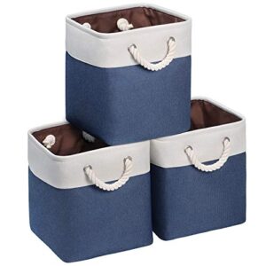 Syeeiex 10.5 Storage Cubes, 10.5'' X 10.5'' X 11'' Cube Storage Bins with Rope Handles, Storage Bin Cubes for Clothes Storage, Home, Nursery Home, Set of 3 Navy Bule & White