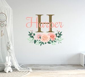 cutedecals flowers custom name & initial wall decal - personalized peonies art decor mural girls stickers for nursery bedroom decoration (mini wide 15''x13'' height)