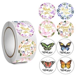 poilkmni 500pcs butterfly stickers floral butterfly thank you stickers round labels butterfly decor for girls baby shower wedding bridal shower birthday party favors (1.5 inch)