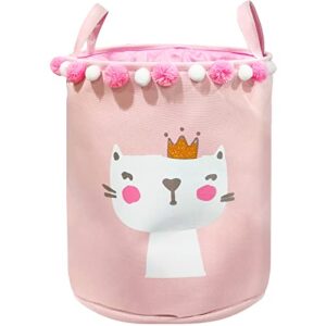 cute babys laundry basket - kids laundry hamper for girls, (cat) collapsible thicken durable toys organizer storage round baskets and nursery bedroom decor (pink）