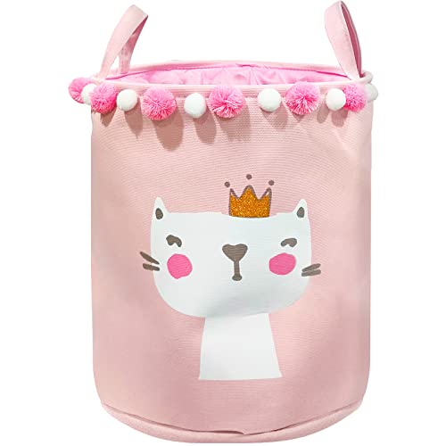 Cute Babys Laundry Basket - Kids Laundry Hamper for Girls, (Cat) Collapsible Thicken Durable Toys Organizer Storage Round Baskets and Nursery Bedroom Decor (Pink）