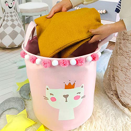 Cute Babys Laundry Basket - Kids Laundry Hamper for Girls, (Cat) Collapsible Thicken Durable Toys Organizer Storage Round Baskets and Nursery Bedroom Decor (Pink）