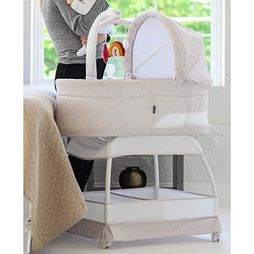 TruBliss Baby Sweetli Calm Infant Bassinet Bedside Crib Sleeper with Cry Recognition, Electric Mobile with Deluxe Items, Music, Twinkling Night-Lights, and Vibration (Wheat Melange)