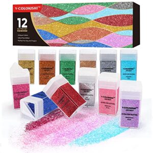 v·colokishi ultra fine glitter, 12 unique colors glitter set, 42.5g/bottle, extra fine glitter for tumbler slime epoxy resin, body face nail cosmetic makeup, painting, art and crafts, total 510g