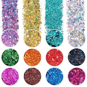 holographic chunky glitter, set of 12, licool craft glitter for resin art crafts, cosmetic glitter for nail body face eye, epoxy resin glitter sequin flake sparkle for slime tumbler jewelry making