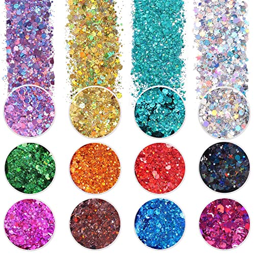 Holographic Chunky Glitter, Set of 12, Licool Craft Glitter for Resin Art Crafts, Cosmetic Glitter for Nail Body Face Eye, Epoxy Resin Glitter Sequin Flake Sparkle for Slime Tumbler Jewelry Making