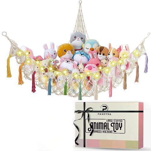 Large Stuffed Animal Toy Storage Hammock 60 Inch Star Light, Stuffed Animals Net or Hammock Macrame Stuff Animal Storage Corner Hanging Net Holder Toy Organizer with Tassel & Hooks for Bedroom,Nursery