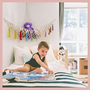 Large Stuffed Animal Toy Storage Hammock 60 Inch Star Light, Stuffed Animals Net or Hammock Macrame Stuff Animal Storage Corner Hanging Net Holder Toy Organizer with Tassel & Hooks for Bedroom,Nursery