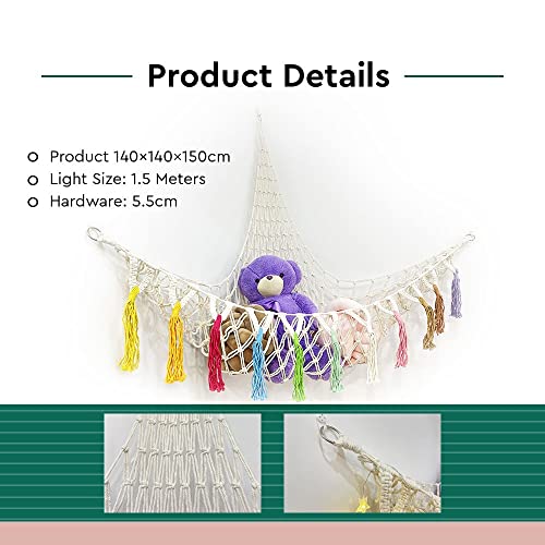 Large Stuffed Animal Toy Storage Hammock 60 Inch Star Light, Stuffed Animals Net or Hammock Macrame Stuff Animal Storage Corner Hanging Net Holder Toy Organizer with Tassel & Hooks for Bedroom,Nursery