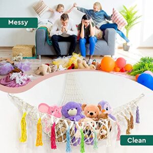 Large Stuffed Animal Toy Storage Hammock 60 Inch Star Light, Stuffed Animals Net or Hammock Macrame Stuff Animal Storage Corner Hanging Net Holder Toy Organizer with Tassel & Hooks for Bedroom,Nursery