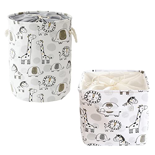 2 Pack Baby Hamper Giraffe Storage Basket, Toy Storage Organizer Collapsible Laundry Baskets with Drawstring Closure Waterproof Round Nursery Hamper for Kid's Room, Baby Laundry, Home Decor