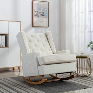 KINFFICT Upholstered Accent Rocking Chair, Mid Century Glider Rocker for Baby Nursery, Modern Wingback Armchair for Living Room, Bedroom, 300 LBS Weight Capacity, White
