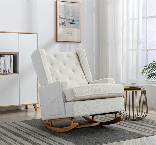 KINFFICT Upholstered Accent Rocking Chair, Mid Century Glider Rocker for Baby Nursery, Modern Wingback Armchair for Living Room, Bedroom, 300 LBS Weight Capacity, White