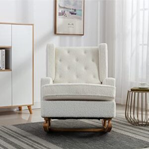 KINFFICT Upholstered Accent Rocking Chair, Mid Century Glider Rocker for Baby Nursery, Modern Wingback Armchair for Living Room, Bedroom, 300 LBS Weight Capacity, White