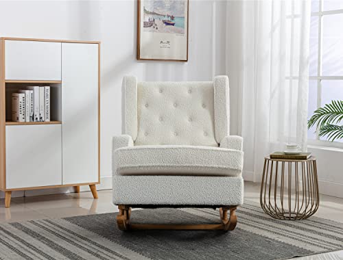 KINFFICT Upholstered Accent Rocking Chair, Mid Century Glider Rocker for Baby Nursery, Modern Wingback Armchair for Living Room, Bedroom, 300 LBS Weight Capacity, White