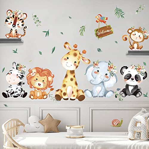 wondever Jungle Animals Wall Stickers Safari Animal Elephant Giraffe Peel and Stick Wall Art Decals for Kids Bedroom Baby Nursery