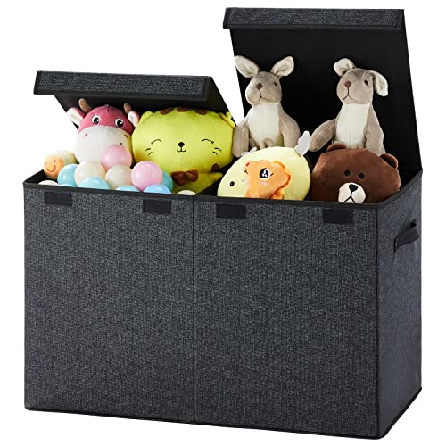 Apicizon Large Toy Box Chest for Boys Girls Storage Organizer, Collapsible Toy Storage Bins with Double Flip-Top Lid,Removable Divider, Kids Toy Chest for Nursery Playroom, Bedroom, Living Room, Black