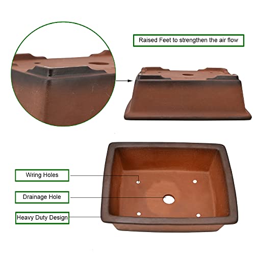 MUZHI Decorative Ceramic Bonsai Planter Pot 8.5 Inch with Tray, Breathable Unglazed Rectangle Terracotta Clay Pot for Tree Succulent Cactus Indoor Outdoor Red Brown