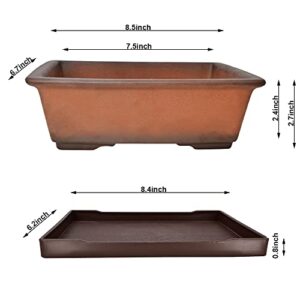 MUZHI Decorative Ceramic Bonsai Planter Pot 8.5 Inch with Tray, Breathable Unglazed Rectangle Terracotta Clay Pot for Tree Succulent Cactus Indoor Outdoor Red Brown